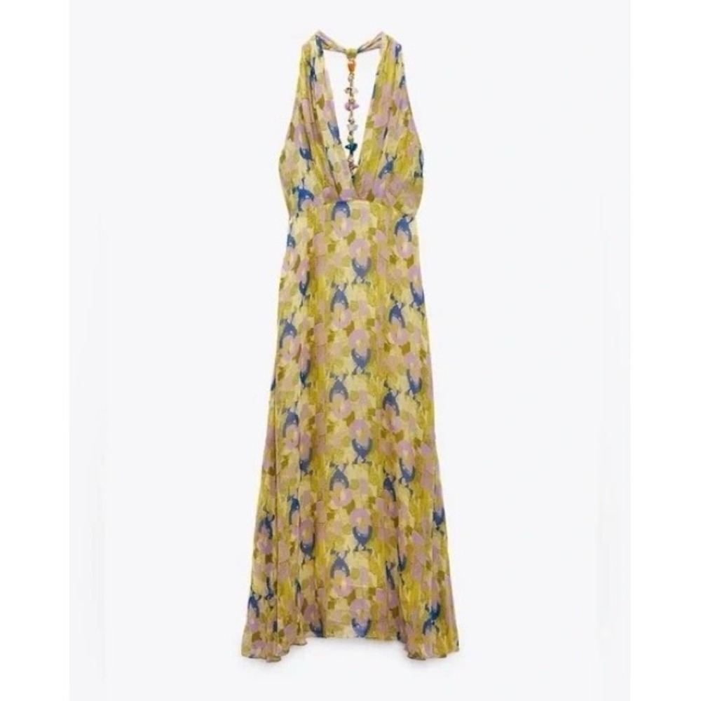 Zara Dress Blogger Favorite Halter Maxi L Yellow Abstract Stone Bead T-Back Boho